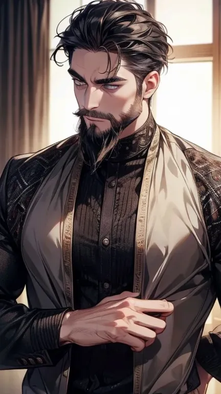 (    better quality ,4K,8k,  highres,  masterpiece:1.2),  ultra-detailed,( realistically,photo realistically,photo- realistically:1.37),36-year-old man,3 day beard,cute anime ,Portraits,strong,Masculine,  dark hair,sharp jaw,    mesmerizing eyes    ,   per...