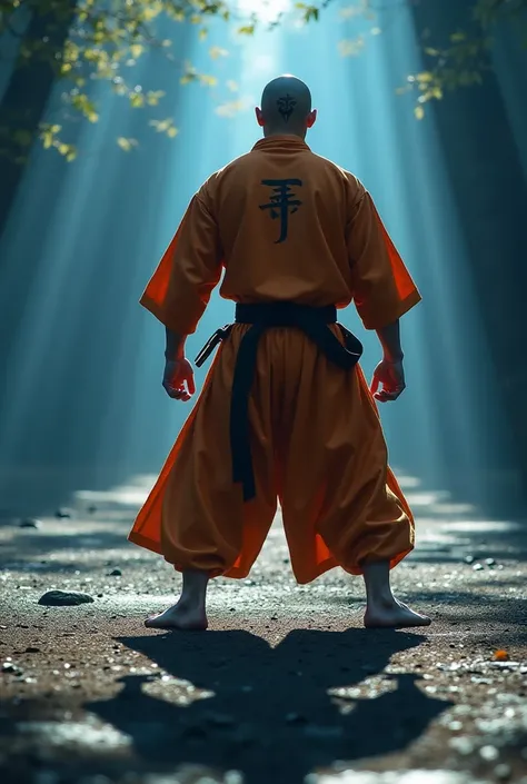 a male martial artist, black eyes, perfect face, training at sunrise, extended shadow, sharp shadows, beautiful rich blue colors, solid colors, masterpiece, best quality, orange kimono, no hair he is bald, arrow on his head like Aang from avatar 