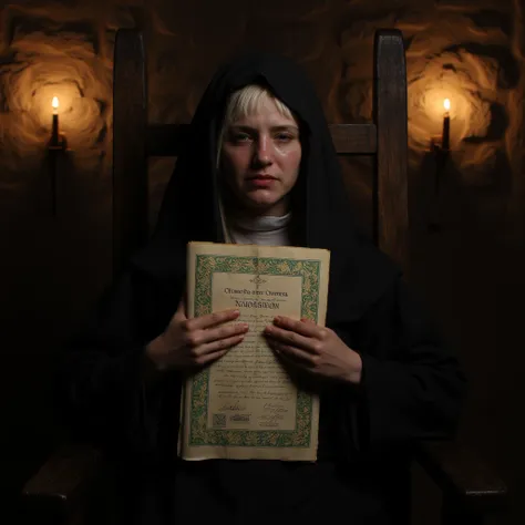 (photorealism:1.2), Beautiful 21 year old English female nun, crying, sitting in heavy wooden chair in a torch lit dungeon. She is tightly squeezing her large fancy modern glossy ordination certificate with green and gold details against her body, crumplin...