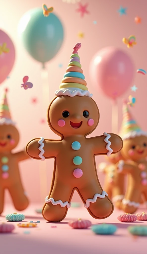 Cute many gigerbreadmans tender cookie dancing on line animada 3d in the magic party, rainbow serpentines and confetti, pastel colored baloons, party, eating birthday cake tower, Cartoon, flowers and butterflies, soft colors, extremely cute little pastel c...