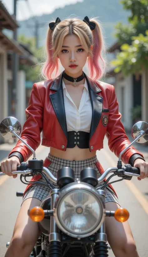 1 Girl,gal,(Gold, Pink Hair ,Two-tone hair), long hair,  side ponytail , black bow,school uniforms,Casual suits,(Checked skirt),(Casual suits, red, black),Ride confidently on a cool motorbike, 8K resolution on the front,  masterpiece,  top quality combat b...