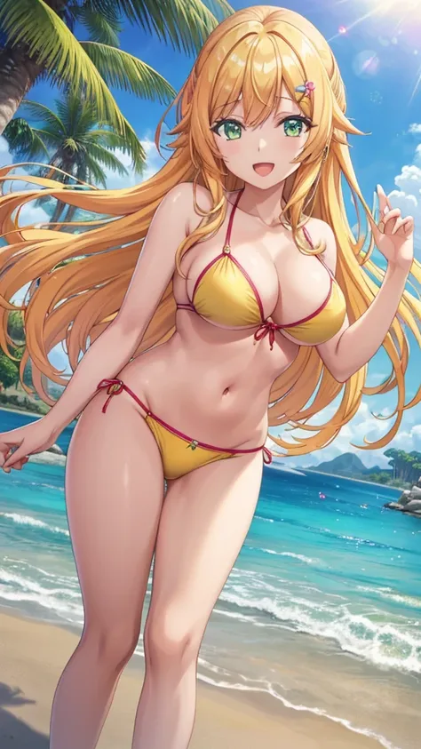 Otona Mitsuki ((the highest quality, high resolution, Masterpiece, very detailed)), 1 woman, anime girl, mature woman, long hair, yellow hair, big breasts, shiny skin, green eyes, happy, smile, Open mouth, sexy body ((standing)) Pink Bikini, clear sky, bac...