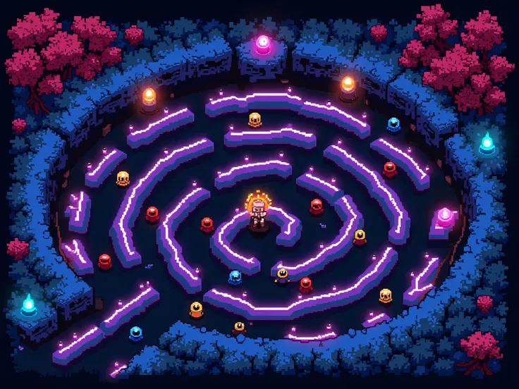 Pixelated Labyrinth :  Inspired by retro maze games ,  with luminous paths and characters circling .

 Mixed Characters :  A fighter in battle pose ,  a pixelated snake slipping across the panel like the snake game, A guy struggling,  a race car coming out...