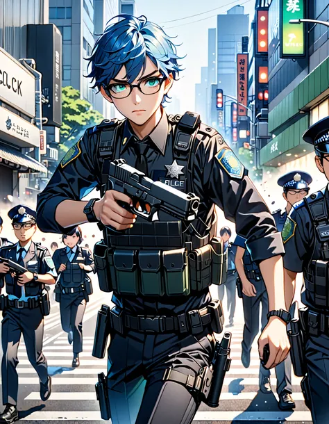 (masterpiece), (best quality), (hires), highly detailed, 4k, solo, solo focus, hyper-detailing, 1boy, college-age male, routine patrol, (male focus), japanese police officer, (black uniform), cocky but reserved expression, (perfect hands:1.2), (single hand...