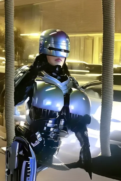 RoboCop is a female with big breasts, one girl, female RoboCop, beautiful body, big breasts, her body is tied up with rope and suspended in the air