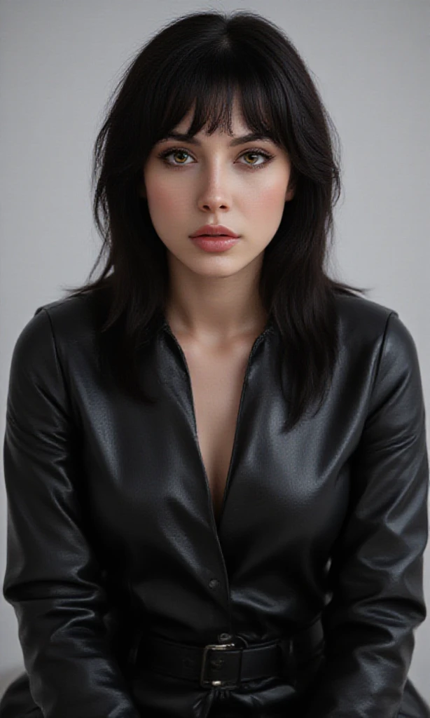 A woman with dark straight hair just below her shoulders in a stylish coat made of lacquered shiny leather, with an oval face with a firm chin, looks strictly, half-length portrait,  photorealism