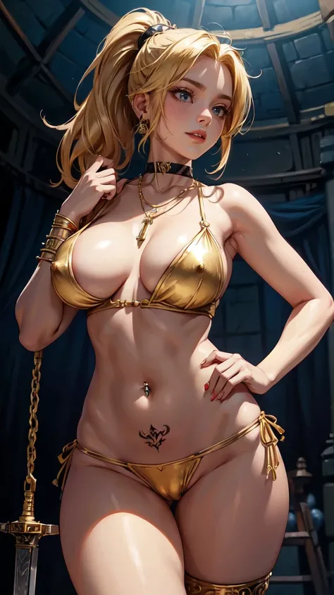 giscore_9, score_8_up, score_7_up, source_anime,
irma from Queens Blade, blonde hair, brown eyes, ponytail, blush, lipstick,Hot girl, baddie, sensual, attractive, (large breasts, boob curtains, erect nipples),
castle, inside castle, masterpiece, best quali...