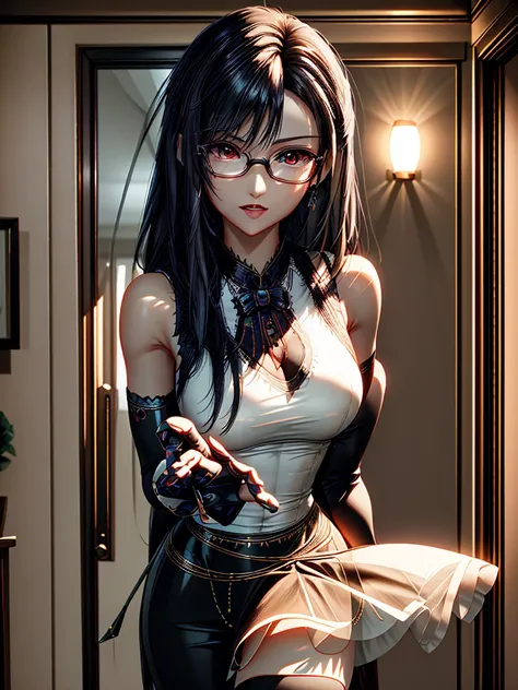 (masterpiece, best quality:1.2), detailed face, detailed eyes, elegant woman, long hair, high heeled, shiny skin, welcomes you at the door, dress shirt, pants, random collar, ponytail hair, cool attitude, cool glasses, exciting, cool, (perfect hands:1)