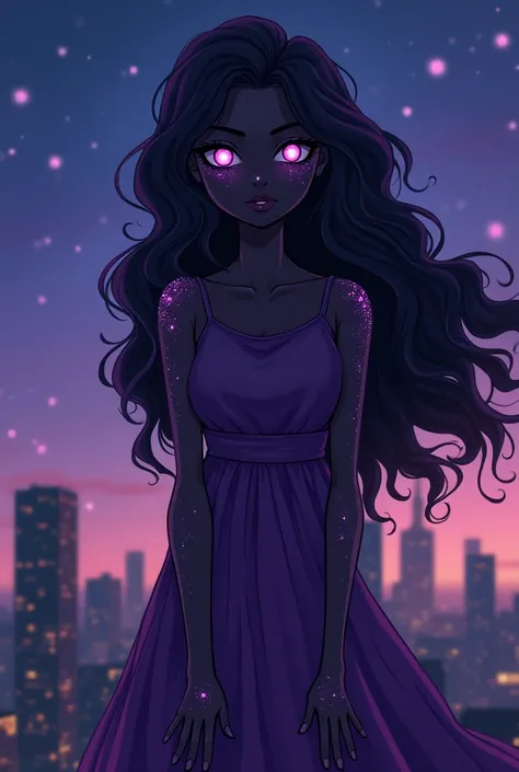 make an image: A 20 year old mystical girl, dark black skin, hand and feet with galaxy starry skin, black hole eyes with stars, long curly dark purple black hair, wearing a purple dress, she must be on top of a building in New York at night, anime art styl...