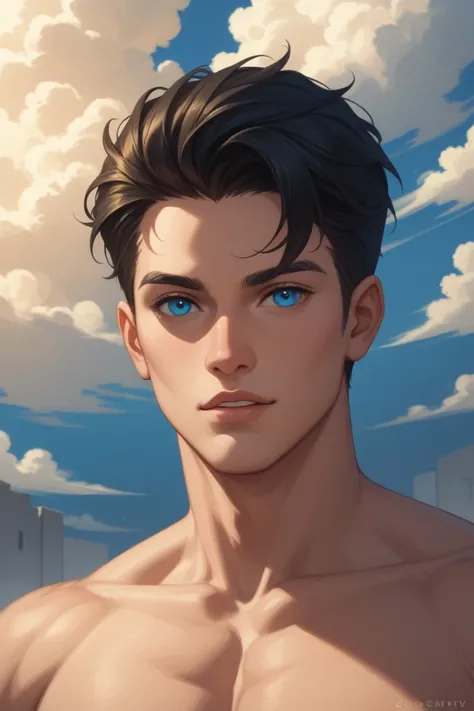 Depicted as a young adult, a strong, fair-skinned, blue-eyed, black-haired man stands confidently in the center of the painting.  His expression is calm and authoritative and his gaze is forward. His body is muscular but not overly large.  There are clouds...