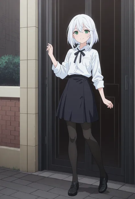 Anime girl aged 17 .She has a slim body and long white hair and green eyes. She is wearing a white shirt and a black knee-length skirt as well as black stockings with black shoes. she smiles sweetly  