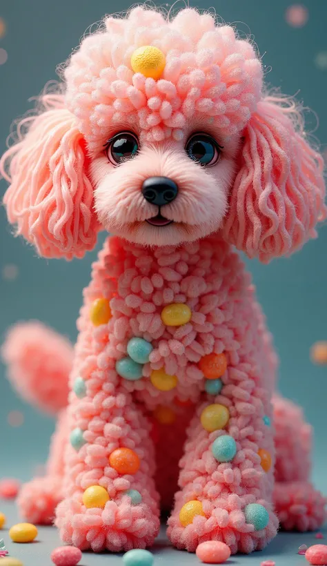  "A hyper-realistic fusion of a Poodle and jellybeans. Its fluffy, curly fur is made of vibrant, translucent jellybeans in a mesmerizing array of colors. Each candy-like curl catches the light, creating a glossy, mouthwatering effect. Its eyes sparkle with...