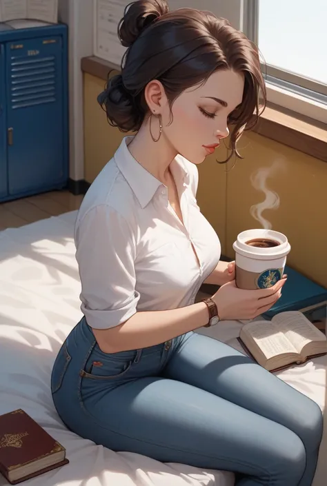 I want the image of a woman sitting in the lower left corner seen from above so that I can only see her legs crossed she wears only light jeans,  holding a cup of coffee . In the upper right corner of the image some sheets and a plane line, in the upper le...