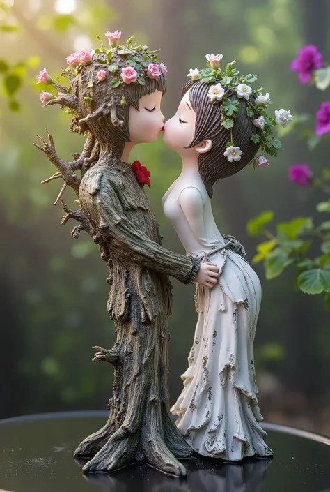 kissing coupl figurineA surrealistic scene where two intertwined trees form the shape of a kissing couple. The bark of the trees is intricately textured, resembling the delicate features of human figures, with their branches reaching out to touch each othe...