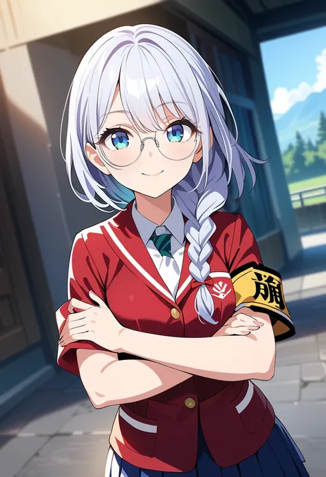 score_9,score_8_up,score_7_up,rating_safety,source_manga,masterpiece,best quality,hyper detailed,super fine illustration,8k,cowboy shot,front angle,BREAK 1woman,24yo,round glasses,white hair,braid,little smile,school uniform,(small breast),(armband),(arms ...