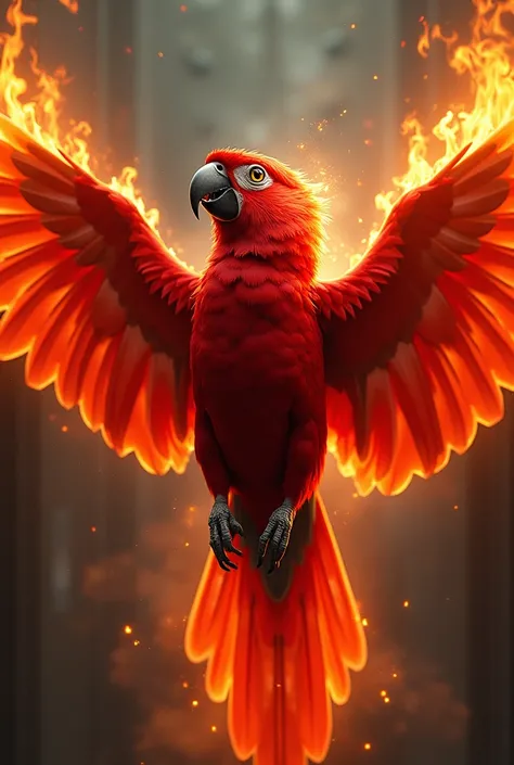 A red parrot streching his wings. He is burning while looking upwards