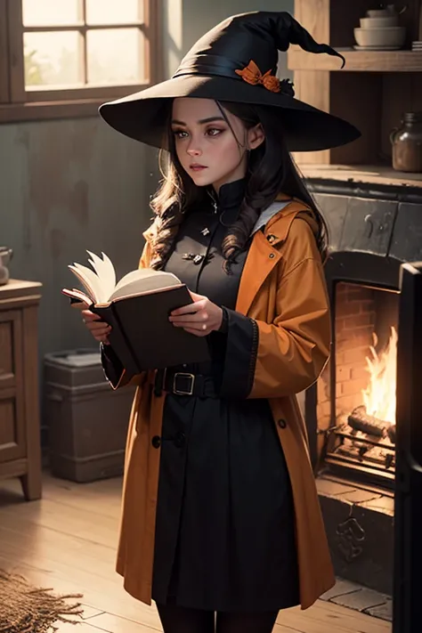 Young witch, } witching potions in the dark ,  of a gloomy room . In the center of the composition is a girl with a sweet, harsh face and a piercing look. Она одета в рваный  raincoat, and her short dark hair is disheveled.  In her hands she holds a wooden...