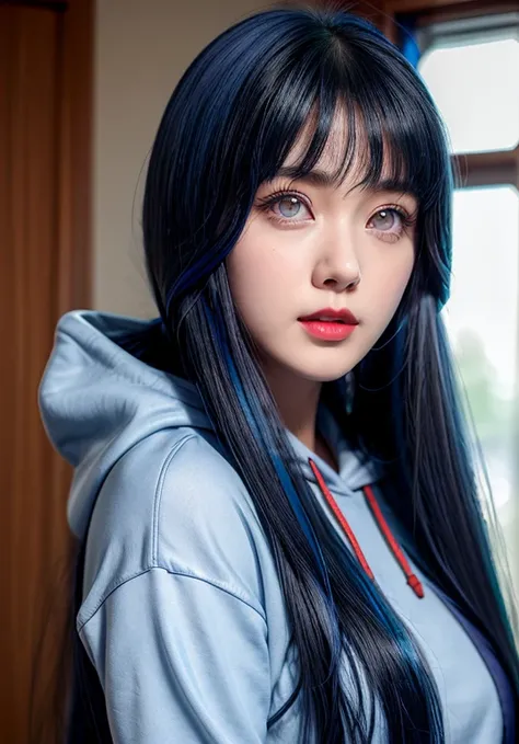 a close up of a person with long hair and a hoodie, hinata hyuga, hinata hyuga from naruto, from naruto, as an anime character, perfect anime face, she has dark blue hair with bangs, female anime character, anime character, anime best girl, hime cut hairst...