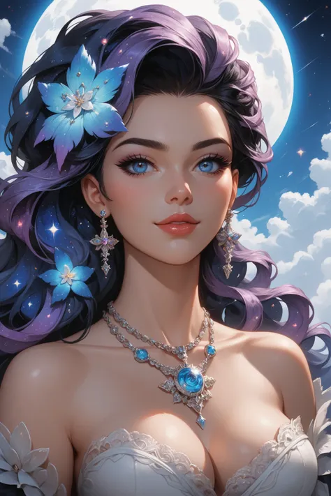 a close up of a woman with color hair and a necklace,  anime girl with cosmic hair, Rossdraws Pastell vibrant, Artwork in the style of Guweiz, Fantasy art style, color]”, Vivid fantasy style , rossdraws cartoon bright , cosmic and color, guweiz, colorl dig...