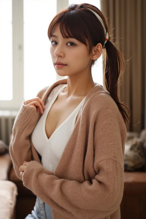 Fit your body in an apartment in TokyoVWear a neck sweater、 wearing denim skinny pants、Make long hair with a silver inner color on tanned skin and brown hair into a ponytail、 standing staring at me、Standing in a room in an apartment full of sense of life、P...