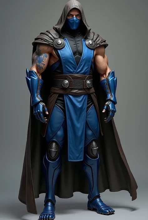  Sub Zero from the Mortal Kombat saga .
His legs are now robotic .
 He has gray hair and a blue scar that crosses him from his right eyebrow to his right cheek.
 Above his blue uniform he wears a brown hooded cape . 