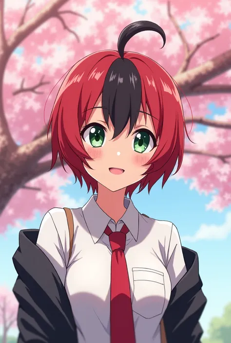 Anime young redhead with black hair tuft in front, wearing a white student shirt, tie red tie, black outer shirt, green eyes, standing under a cherry tree