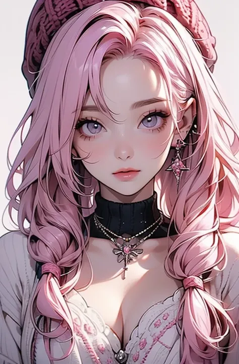 ((  masterpiece   :1.2)).8k.      sexy、   beauty、         yandere    、、      facial upbust tattoo      、        Christian Dior necklace 、((       pink hair)).((  )).(( Wizard Cosplay)).((cute knitted hat  )).