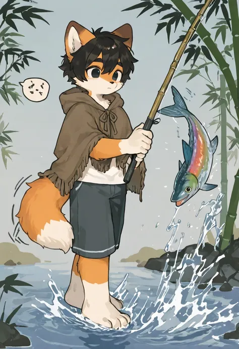 source_ furry， furry male，elementary school students，((boy)),fox boy,short hair,masterpiece, newest,absurdres, incredibly absurdres, bright eyes, detailed eyes,short hair， Furry dog boy, traditional suo li straw cloak, fishing by riverside, excitedly catch...