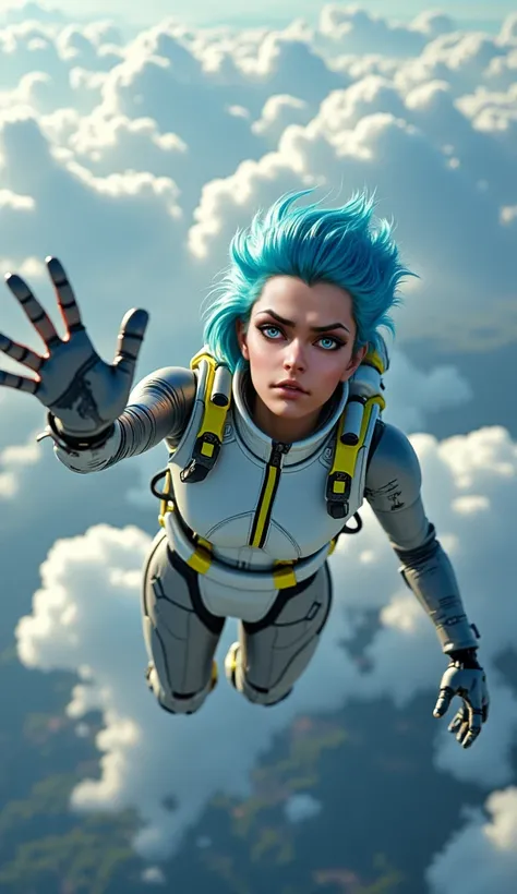 ((masterpiece)), ((best quality)), ((detailed)), Cinematic wide shot overhead view of a futuristic human-looking android in freefall. His face expresses despair, staring at the viewer with bright blue eyes and sidecut blue hair flying due to the intense wi...