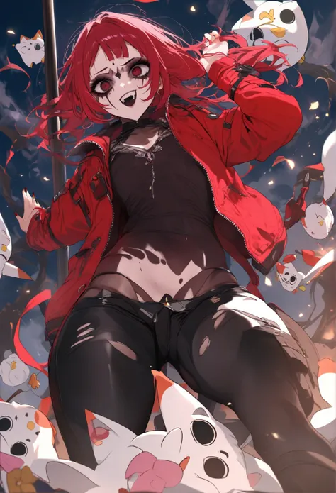 A young girl,  Red Hair,  dark makeup, red jacket, black pole,  black pants , zapatilla blanca,thicc body