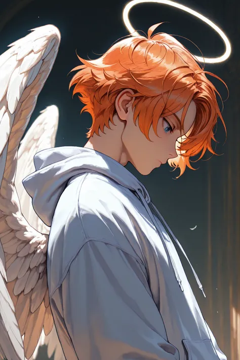 masterpiece, very aesthetic, absurdres,  solo, short hair, blue eyes, 1boy, closed mouth, upper body, male focus, wings, hood, orange hair, from side, hoodie, profile, halo, looking down, hood down, feathered wings, angel wings, white wings, angel