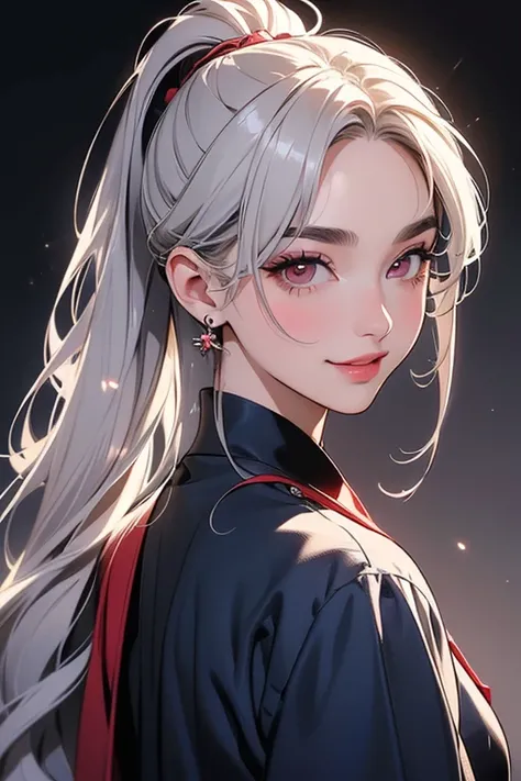 (  top quality,   masterpiece:1.2), (  Hi-Res, 最高  masterpiece).(difficult).  very well detailed,  By Mr. Nomi:1.37,   fantasy,   Illustration of ,  gray hair、   Red Eyes 、  queen,   navy blue dress、  beautiful、 Eye Shadow Red   、 Thick eyebrows、long eyela...