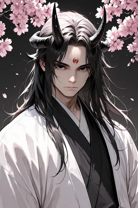 masterpiece, high quality, best quality, very aesthetic, 1boy,  black eyes , demon horns, upper body, expressionless, japanese clothes, long hair, solo, cherry blossoms, looking at viewer,