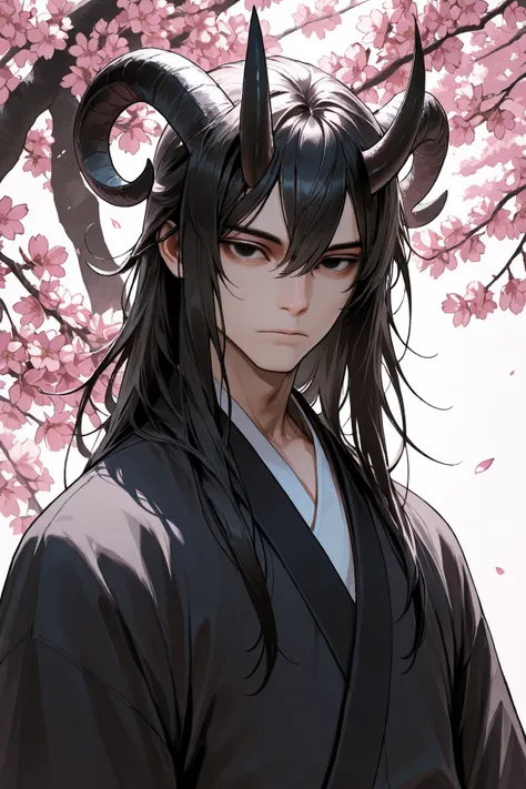 masterpiece, high quality, best quality, very aesthetic, 1boy,  black eyes , demon horns, upper body, expressionless, japanese clothes, long hair, solo, cherry blossoms, looking at viewer,