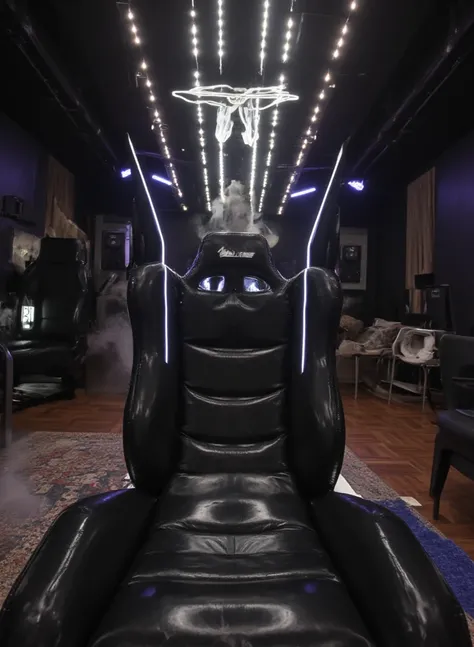 Full panoramic view of scene from below, RAW amateur selfie photo, high resolution, ((A huge inflated shiny racing gaming style seat made of shiny black rubber-latex))), (frontal view, front view only:1.9), the texture of the racing gaming style seat is ve...