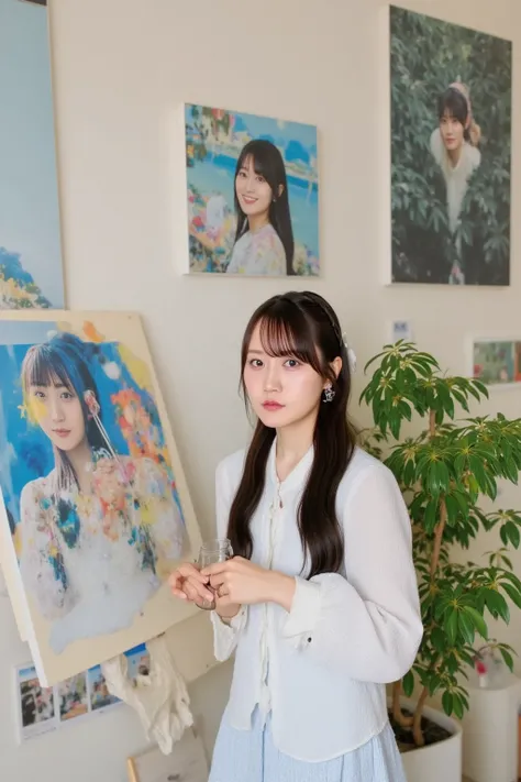 「 scene of a female artist painting on canvas 。 she's wearing casual clothes 、 drawing colorful pictures while holding a paintbrush in a bright studio。Other completed works are displayed on the wall 。」









































