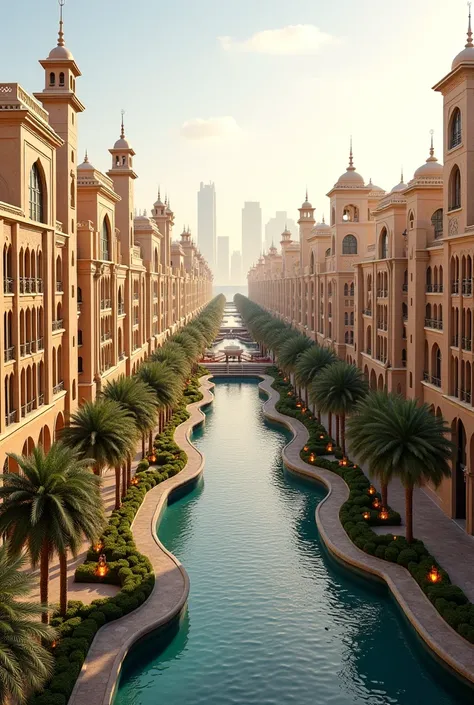 A breathtaking modern Arabian metropolis, meticulously planned like Paris and Madrid, with wide boulevards, elegant plazas, and lush greenery. The architecture is inspired by neo-Moorish and traditional Arabian designs, featuring grand facades with intrica...