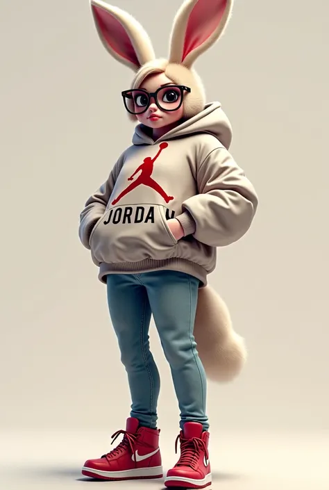  Create a drawing of a sexy bunny like Lola Bunny with sweater Jordan glasses, with jeans and tennis Travis Scott  