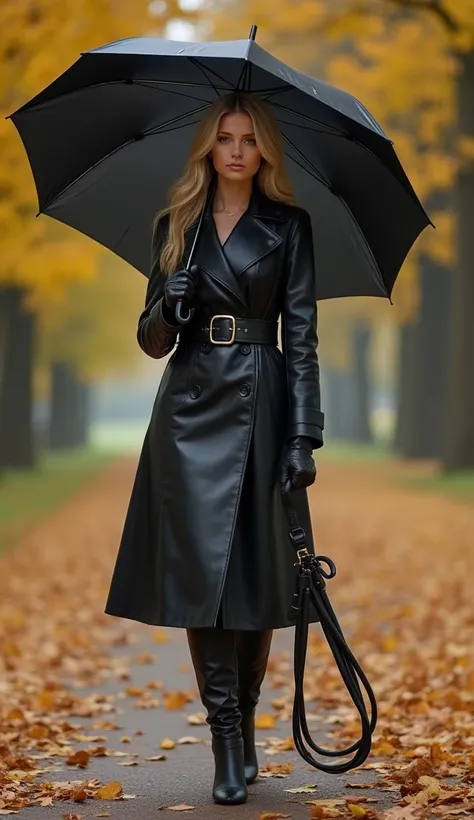 In the autumn park, a beautiful blonde in a leather coat, black leather over the knee boots and black leather gloves holds an open umbrella and black horsewhip, a poster by Hedi Xandt, featured on tumblr, maximalism, stylish, feminine, portrait, color, cin...