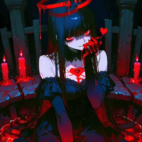  masterpiece,   better quality,  ultra-detailed,  dark costume , 748cmstyle,1 ,  holding a dripping red heart in her gloved hand,  black gothic dress , dark expression,  long dark hair with fringe ,  fragments of a broken halo above the head , dark and omi...