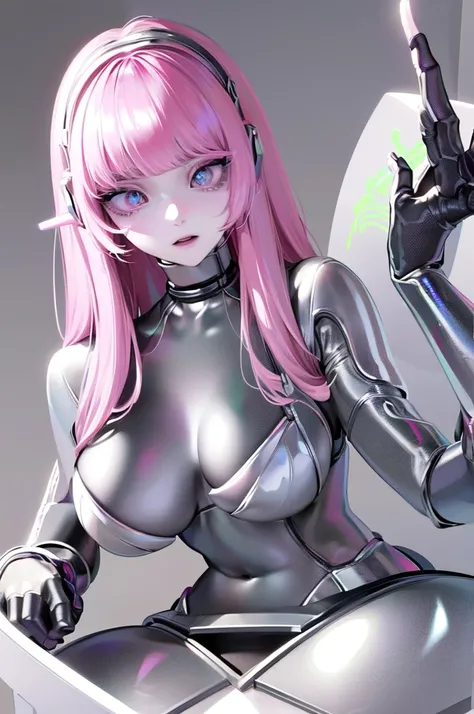 empty eyes,robotized woman ,big bust,Robot Joint ,Metal skin,dress,android,Robot Suit, One Girl, alone, High resolution, vision, Accurate, Highest quality, 超High resolution, Shortcuts, ((Android、Inorganic skin))、future、(Pale skin、saturated color)、(pink、ski...