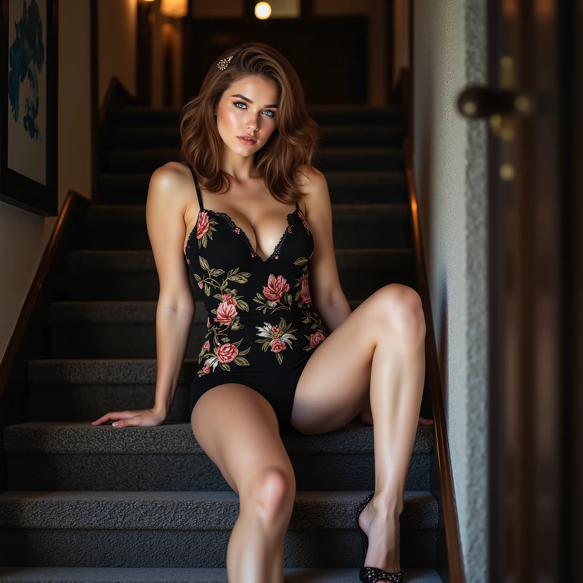 Create a professional high-resolution photo of a stunning  supermodel, instagram model,  woman in black dress sitting on stairs with black stockings, a striking 22-year-old American model with light brown hair , wavy hair, 172 height, full body photo, mix ...