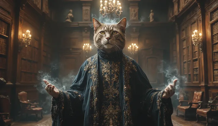 Within an opulent, gothic Victorian room, close up, a cat-headed figure with a human body stands as a being of ancient knowledge. His golden eyes burn with an eternal wisdom, reflecting the mysteries of forgotten realms. He wears a flowing cloak of deep mi...
