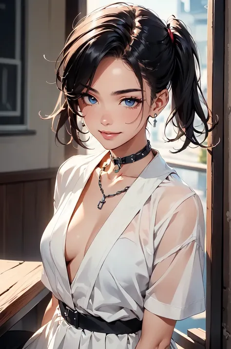 ( top quality, 4K,  masterpiece :1.3),  beautiful women,  in the seat, ( chest,  Attractive Body :1.2), ＪＫ:1.1,   black hair: 1.1,  twin tails,  sailor suit ,  very detailed face,  lips,  beautiful eyes,  double eyelids, smile,training collar with long cha...