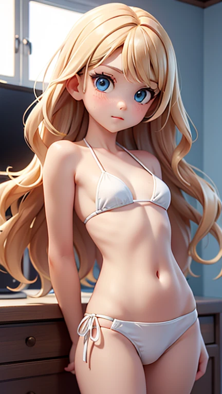  Eleven year old girl , small ,   long wavy blonde hair  ,   Bright blue eyes  ,   ,    white skin  ,  dark blue bikini   ,   upper half of her body   ,    in front of the spectator   ,  Anxious  ,   looking at the spectator 