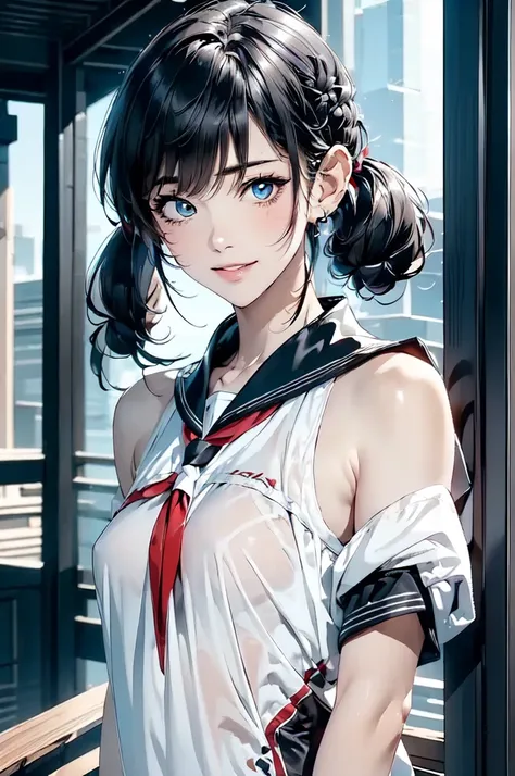 ( top quality, 4K,  masterpiece :1.3),  beautiful women,  in the seat, ( chest,  Attractive Body :1.2), ＪＫ:1.1,   black hair: 1.1,  twin tails,  sailor suit ,  very detailed face,  lips,  beautiful eyes,  double eyelids, smile,training collar with string