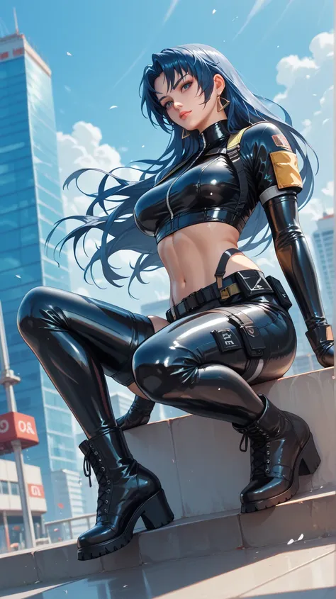 Sexy leona heidern, Ojos azules,  Long hair,  dark blue hair, wearing a very tight latex full body tactical suit, latex boots,  on top of a building , 