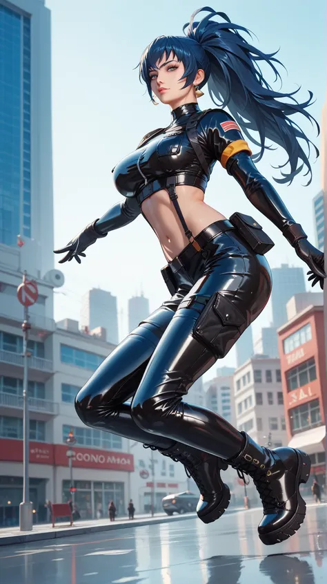 Sexy leona heidern, Ojos azules,  Long hair,  dark blue hair, wearing a very tight latex full body tactical suit, latex boots,  on top of a building , 