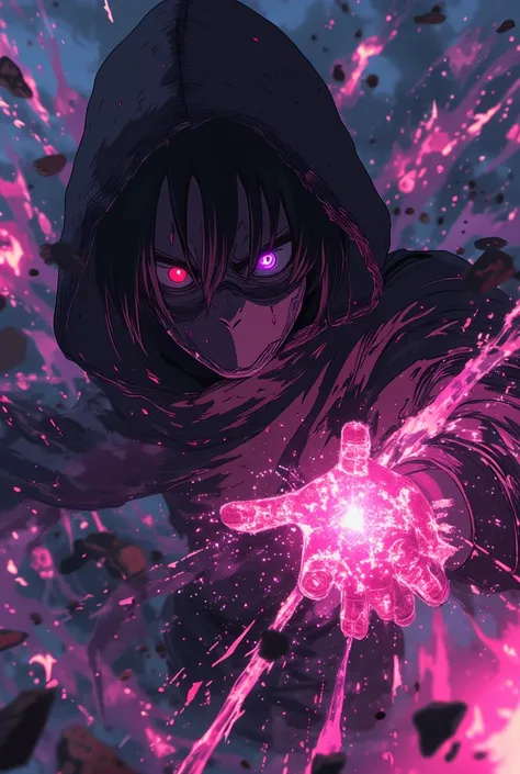 male anime character similar to Sasuke with straight black hair and red right eye and purple left eye oozing blood, wearing a hood and mask. his power overflowing through his hand, while everything around him is thrown away by the pressure of his power, th...