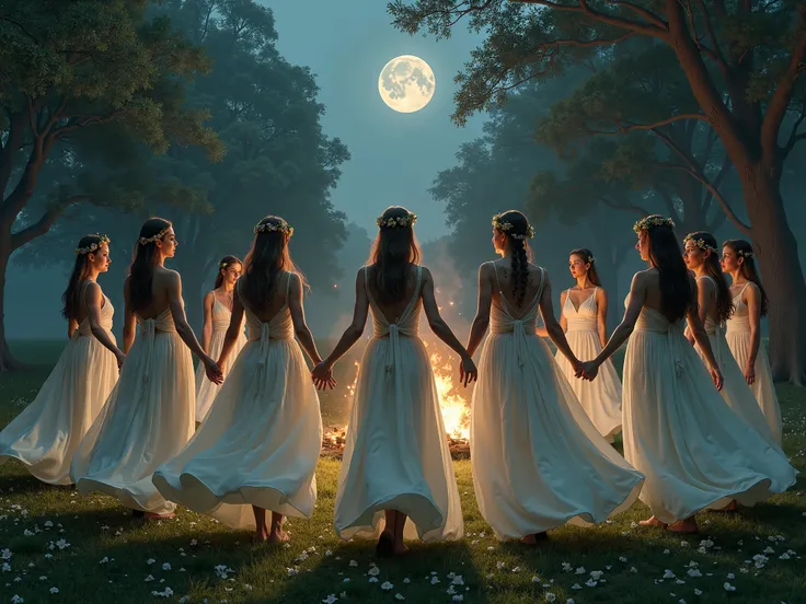 Photorealistic image of women in white dresses at the beltaine festival at night 